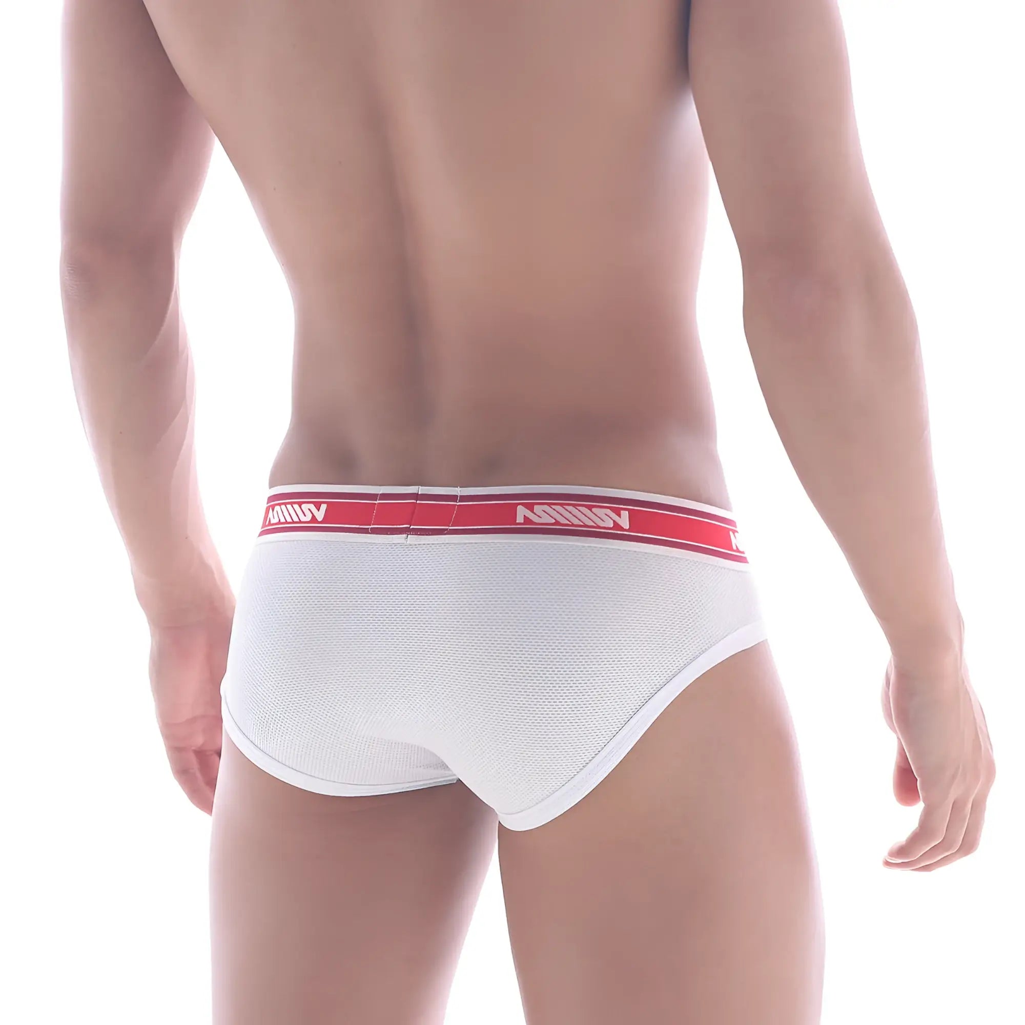 White mesh metroMalewear max mesh hip brief with red annuv branded waistband 2103-00