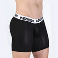 Black mesh metro malewear max mid cut boxer brief with white elastic waistband and black lettering