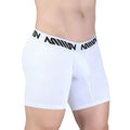 White men’s MetroMaleWear Max mid cut boxer briefs in white with a black million logo waistband