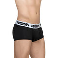 MetroMaleWear Max short boxer black mesh briefs with white elastic waistband and black stylized lettering