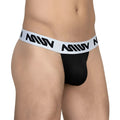 Black miw brand thong with white elastic waistband featuring bold black lettering and mesh-textured front panel