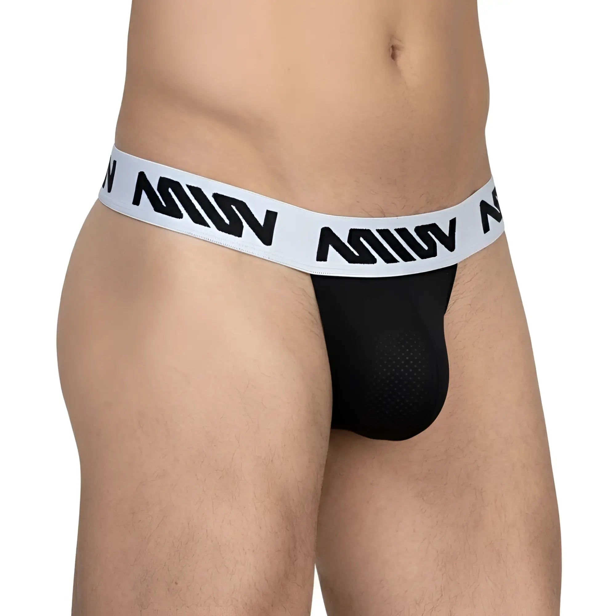 Black miw brand thong with white elastic waistband featuring bold black lettering and mesh-textured front panel