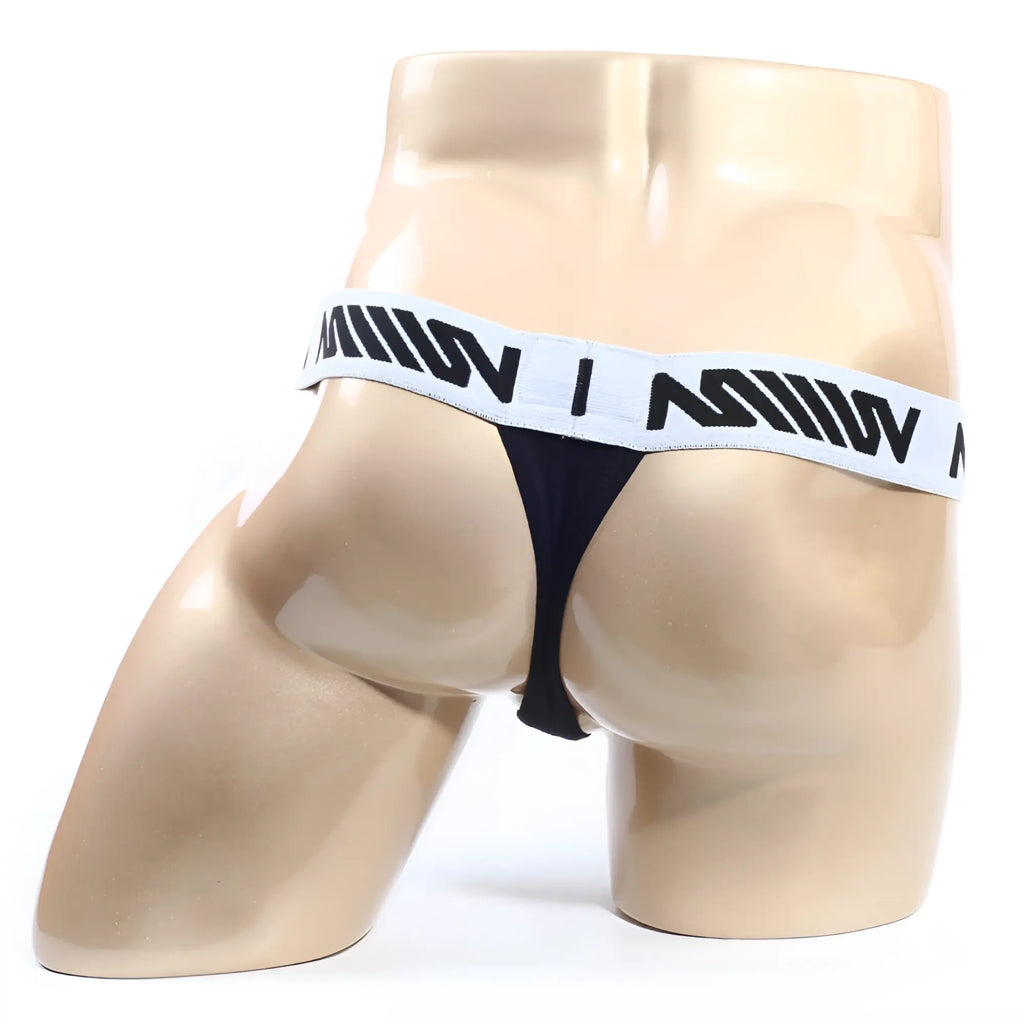 Black metro malewear max thong with white elastic waistband featuring bold black lettering on the front