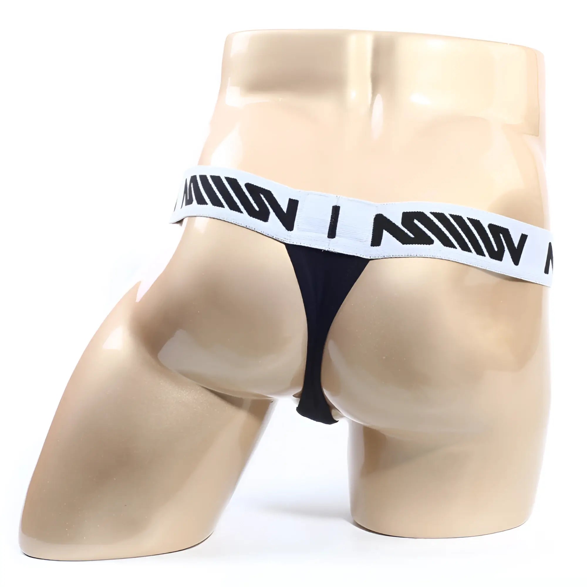 Black metro malewear max thong with white elastic waistband featuring bold black lettering on the front