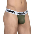 Olive green mesh thong with white waistband featuring black miw branding from metromalewear max thong khaki 3202-26