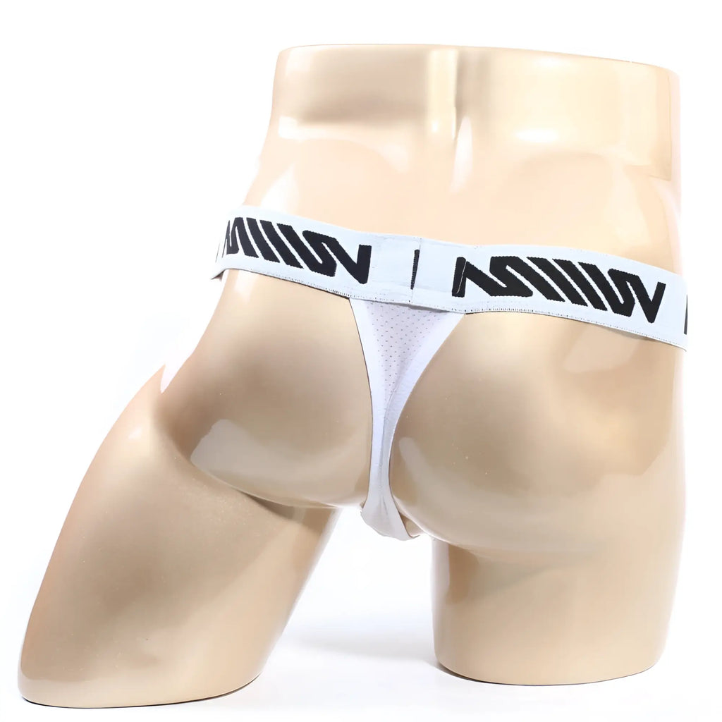 White mesh thong with black logo band from metromalewear max thong 3202-02 shown from the front side