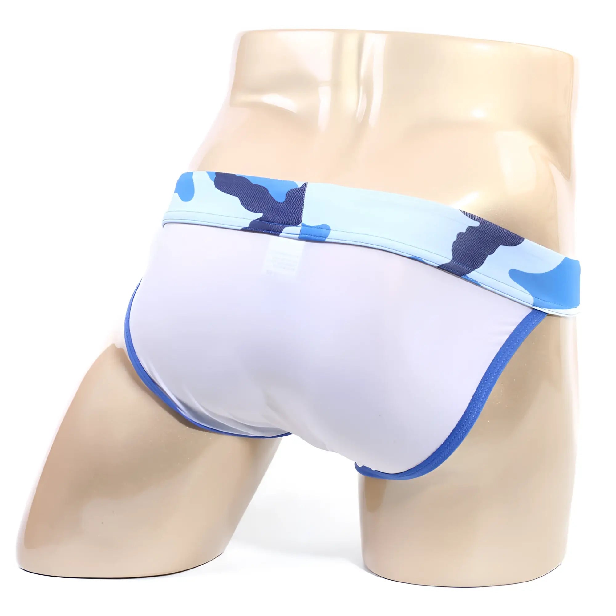 Metro male wear maxim bikini blue briefs with blue and white camouflage pattern solid white body and blue trim