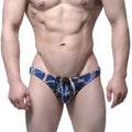 Blue swim trunks with nautical chain and rope pattern and black drawstrings by MetroMaleWear Mayor Classic Swim Bikini