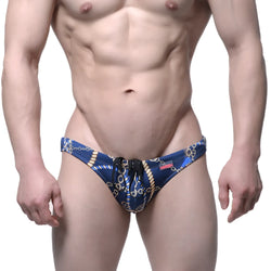 Blue swim trunks with nautical chain and rope pattern and black drawstrings by MetroMaleWear Mayor Classic Swim Bikini