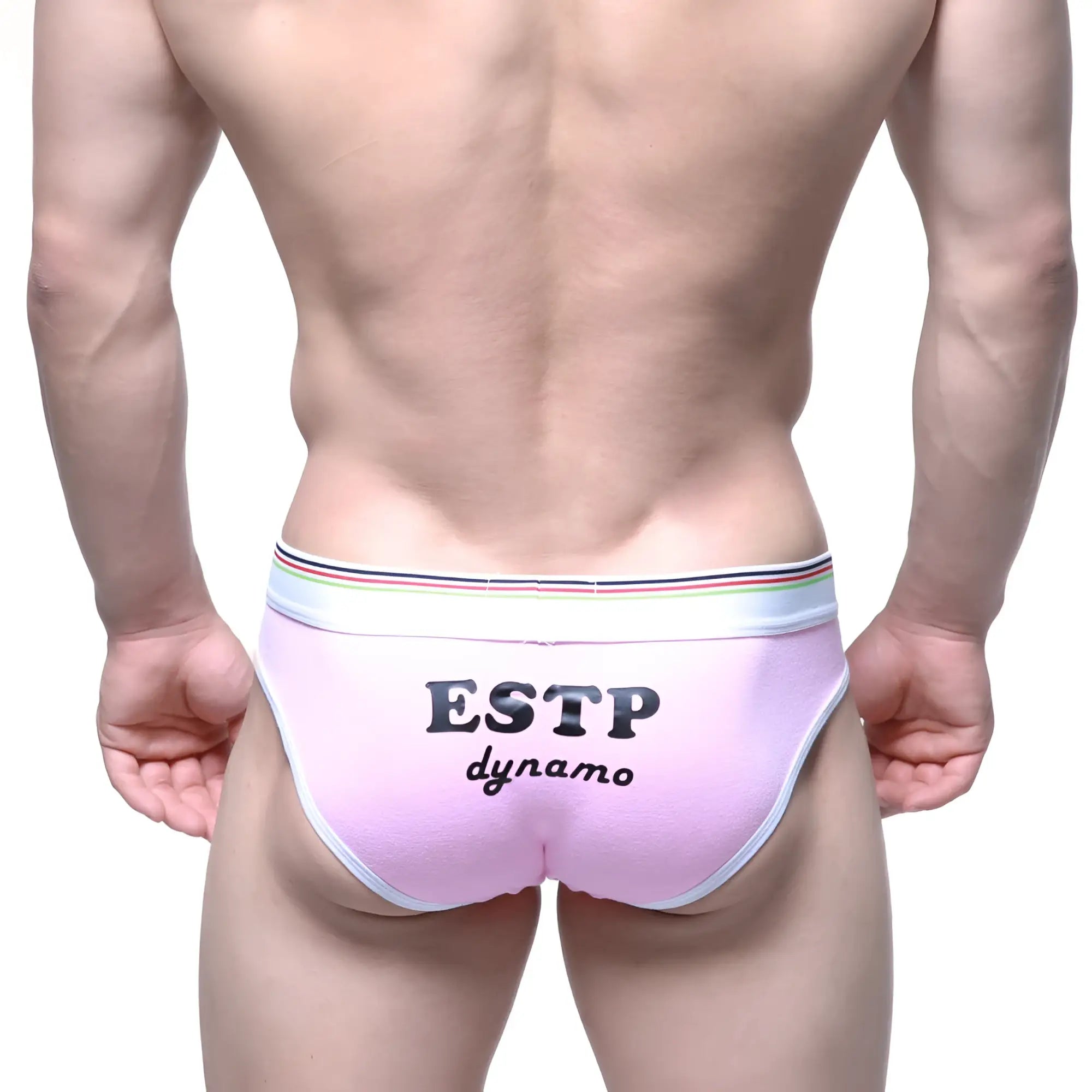 Pink estp dynamo briefs with white waistband and multicolored stripes featuring black lettering metroMalewear MBTI hip brief 8003-03