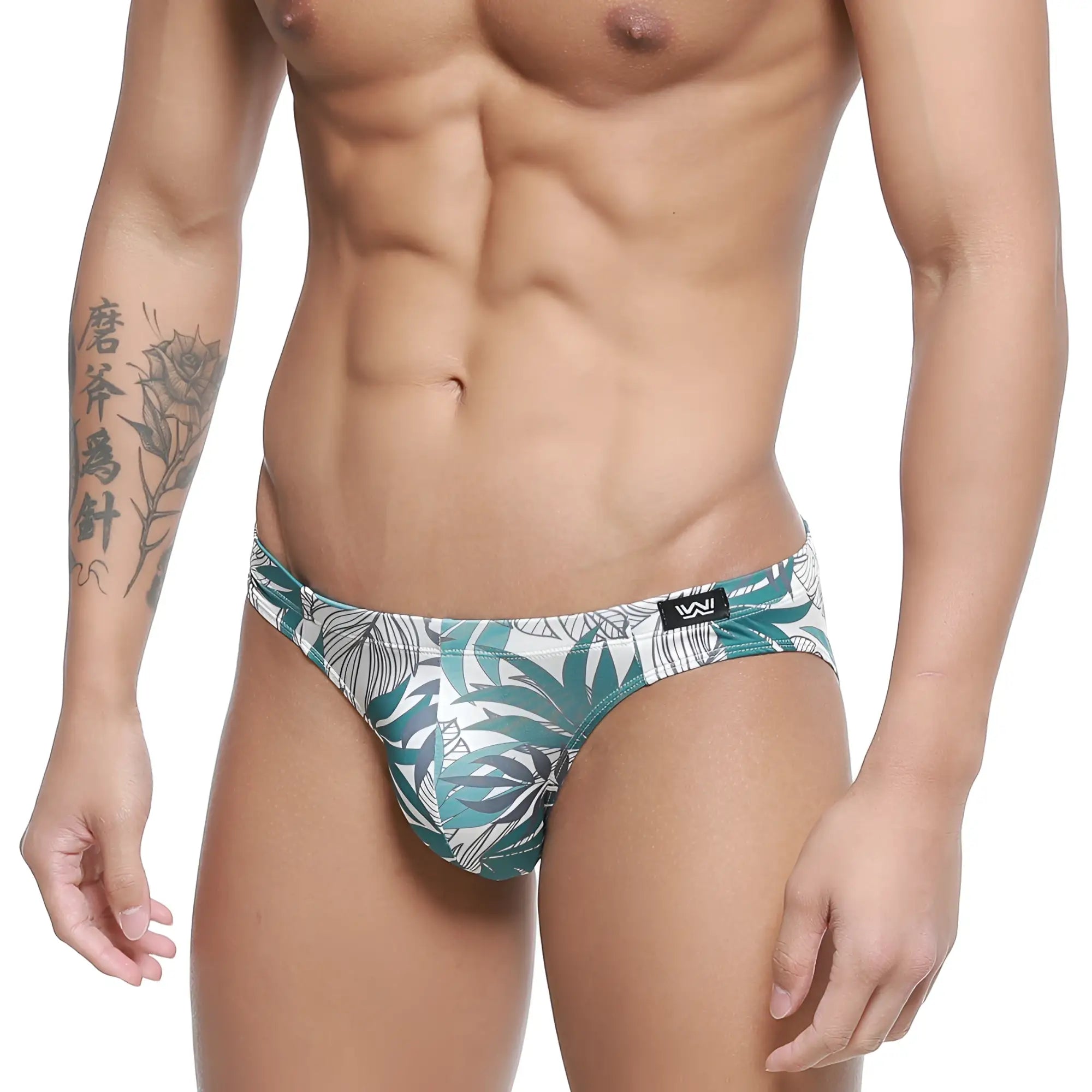 Men’s tropical leaf patterned briefs in white and teal by MetroMaleWear Meadow Bikini 5103-56