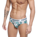 White briefs with tropical green and gray leaf pattern and anis branded elastic waistband by MetroMaleWear