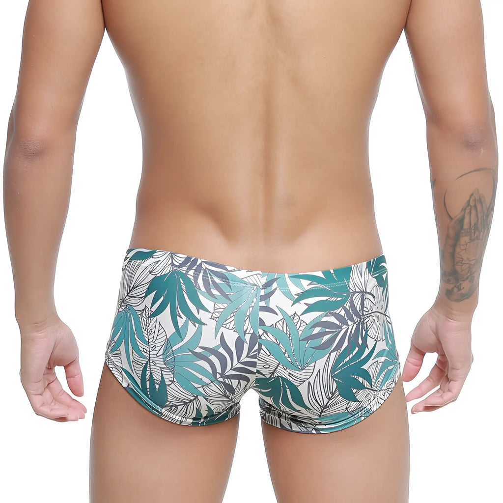 MetroMaleWear meadow trunk 2125-56 tropical leaf patterned swim trunks in teal white and gray perfect for beachwear