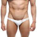 MetroMaleWear Medio Thong white 0002-00 featuring a white thong with thin dual straps and small red logo on front