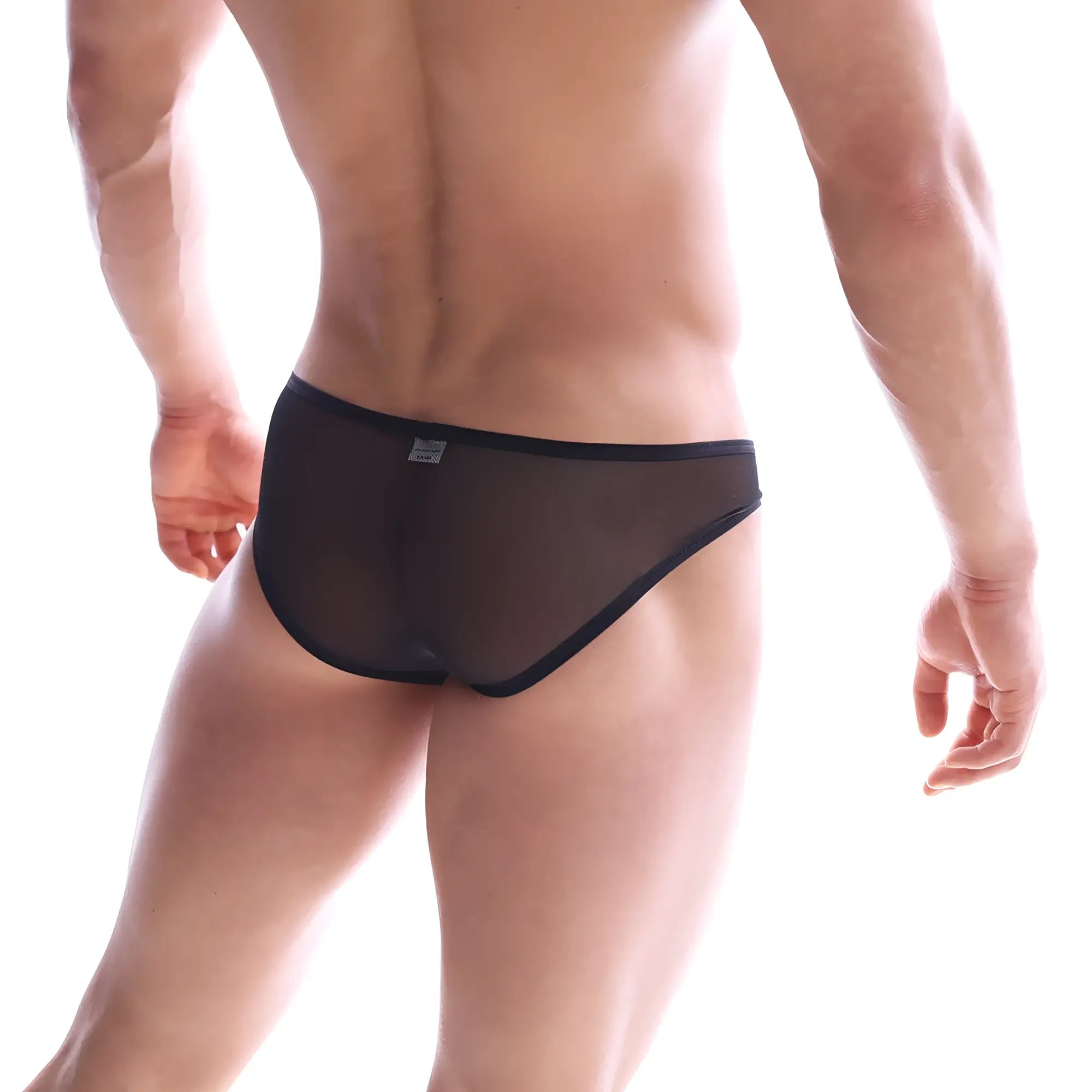 Black sheer mesh briefs with a solid black waistband from metromalewear mesh bikini black 6105-41 shown from front