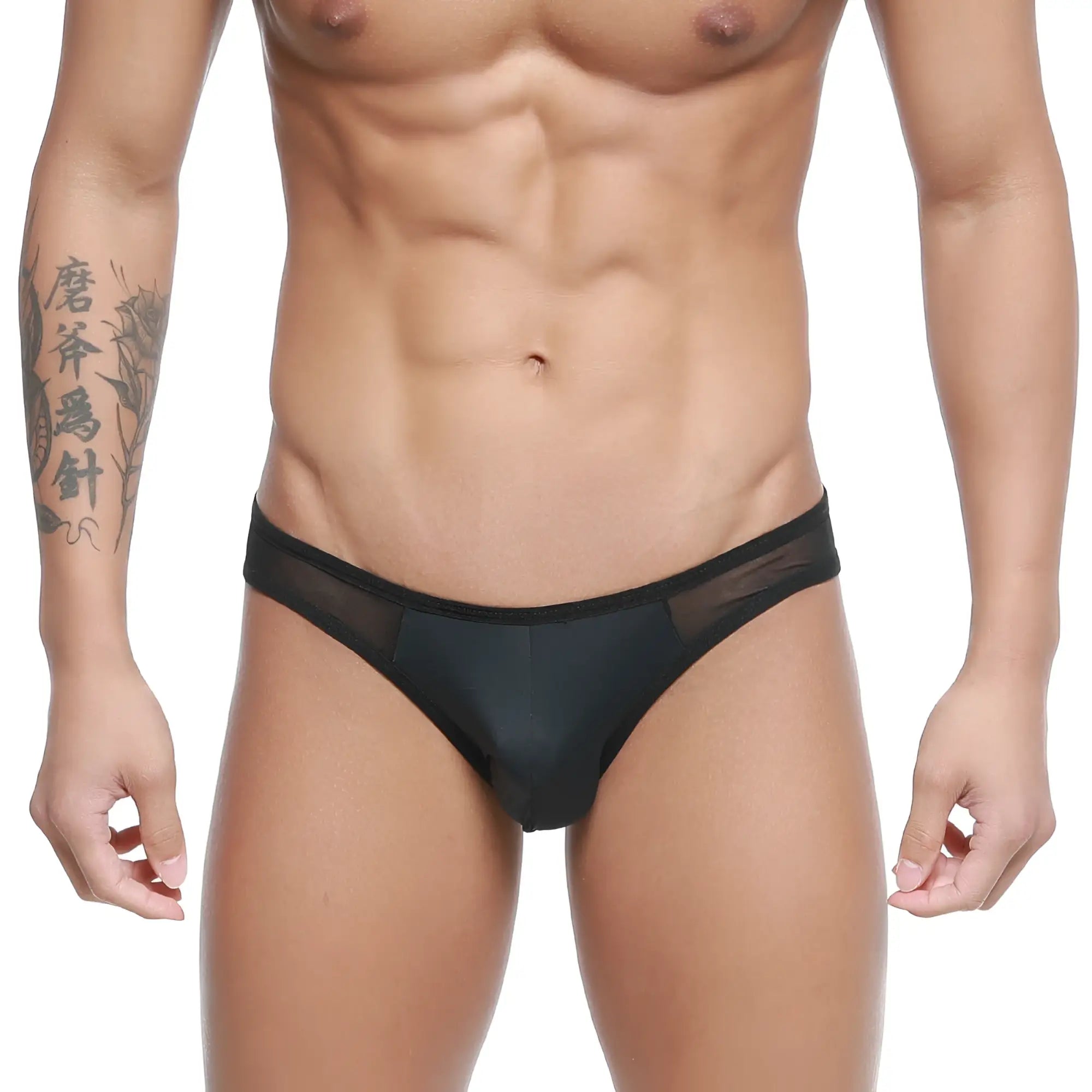 Black sheer mesh briefs with a solid black waistband from metromalewear mesh bikini-thong black 2972-20 showing front view
