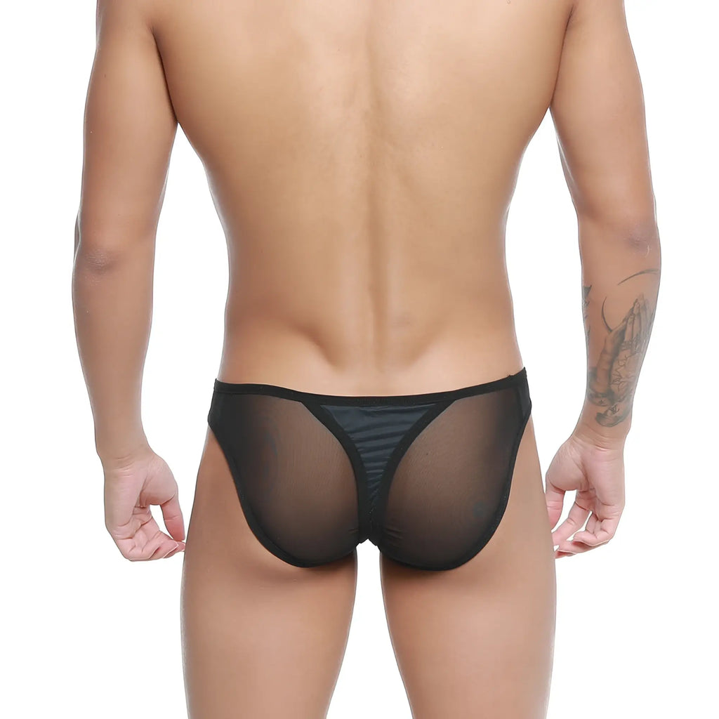 Black sheer mesh briefs with solid waistband by metromalewear mesh bikini-thong black 2972-20 showing front view