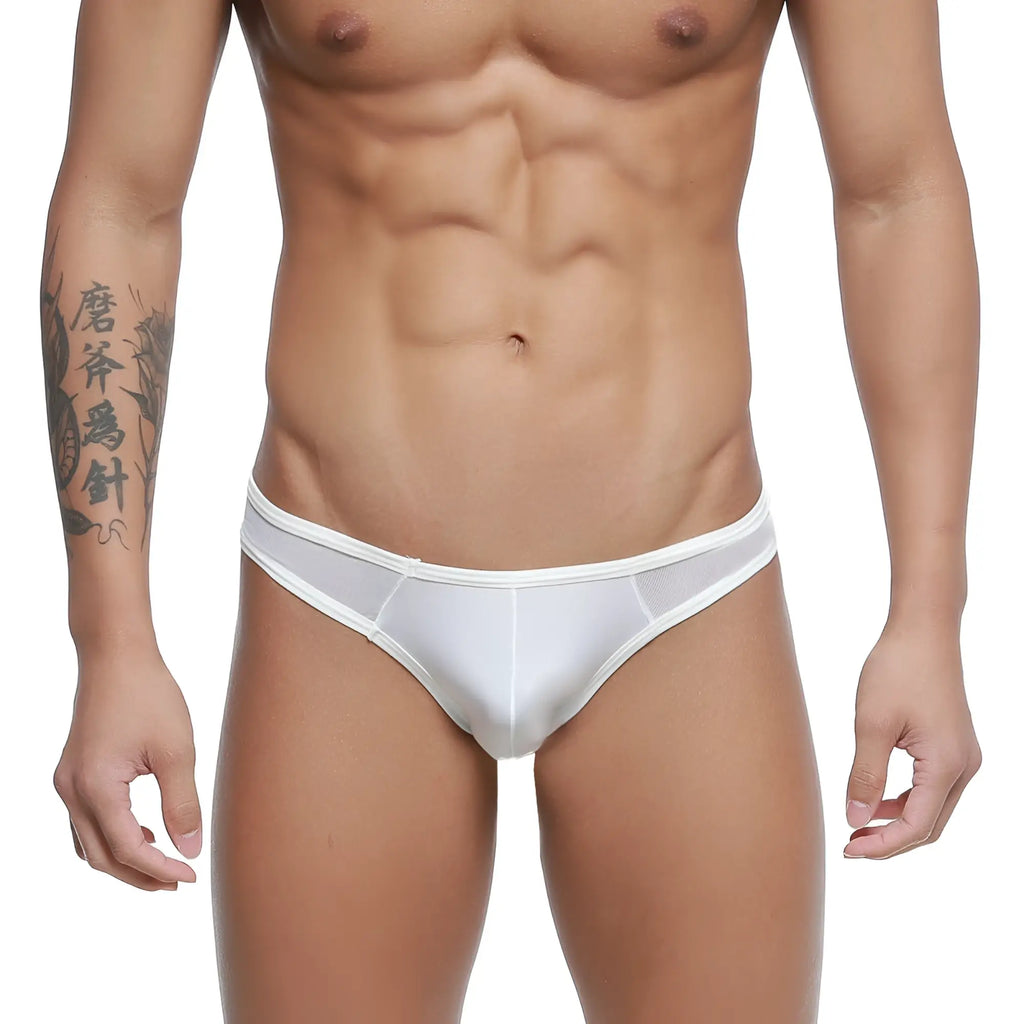 White mesh briefs with a solid white waistband metroMalewear mesh bikini thong 2972-00 front view