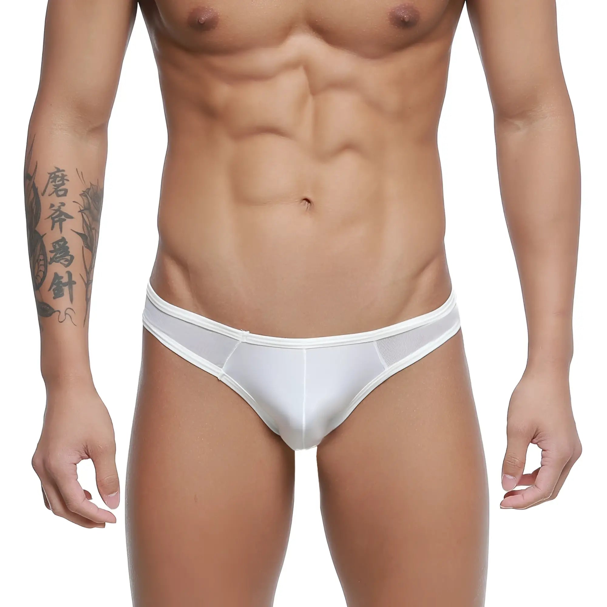 White mesh briefs with a solid white waistband metroMalewear mesh bikini thong 2972-00 front view