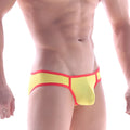 MetroMaleWear mesh bikini briefs in bright yellow with bold red trim highlighting mesh material and vibrant colors