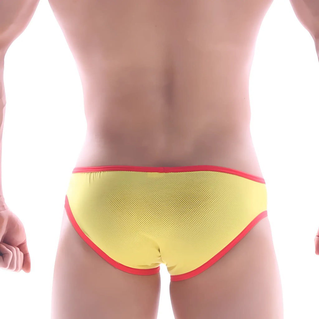 Bright yellow metro male wear mesh bikini swim trunks with bold red trim for stylish beach use