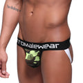 Black and neon green camouflage mesh briefs with white side panel and romalewear waistband for metro malewear