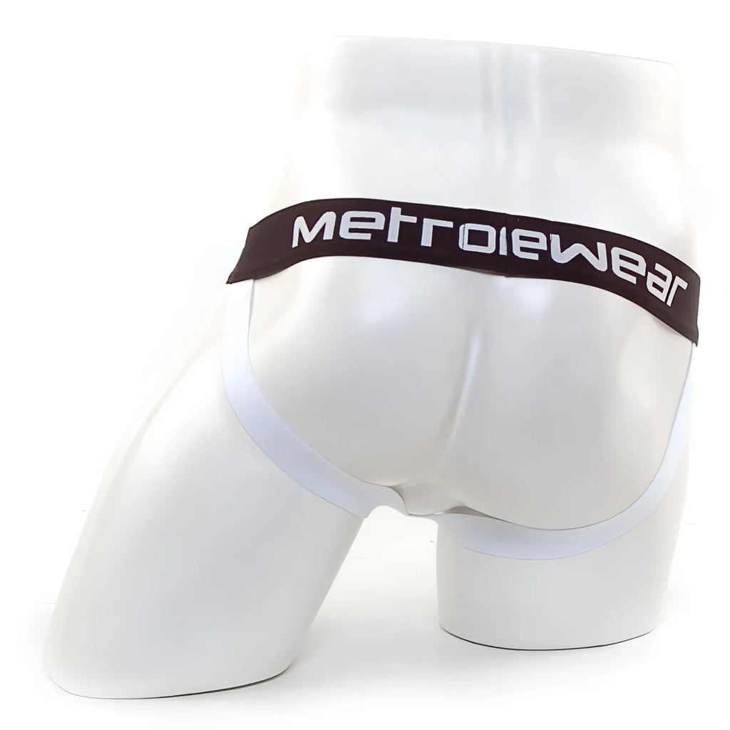 White men’s briefs with dark brown metrowear logo waistband featured in metro male wear mesh camo jock strap lime 3001-04 product