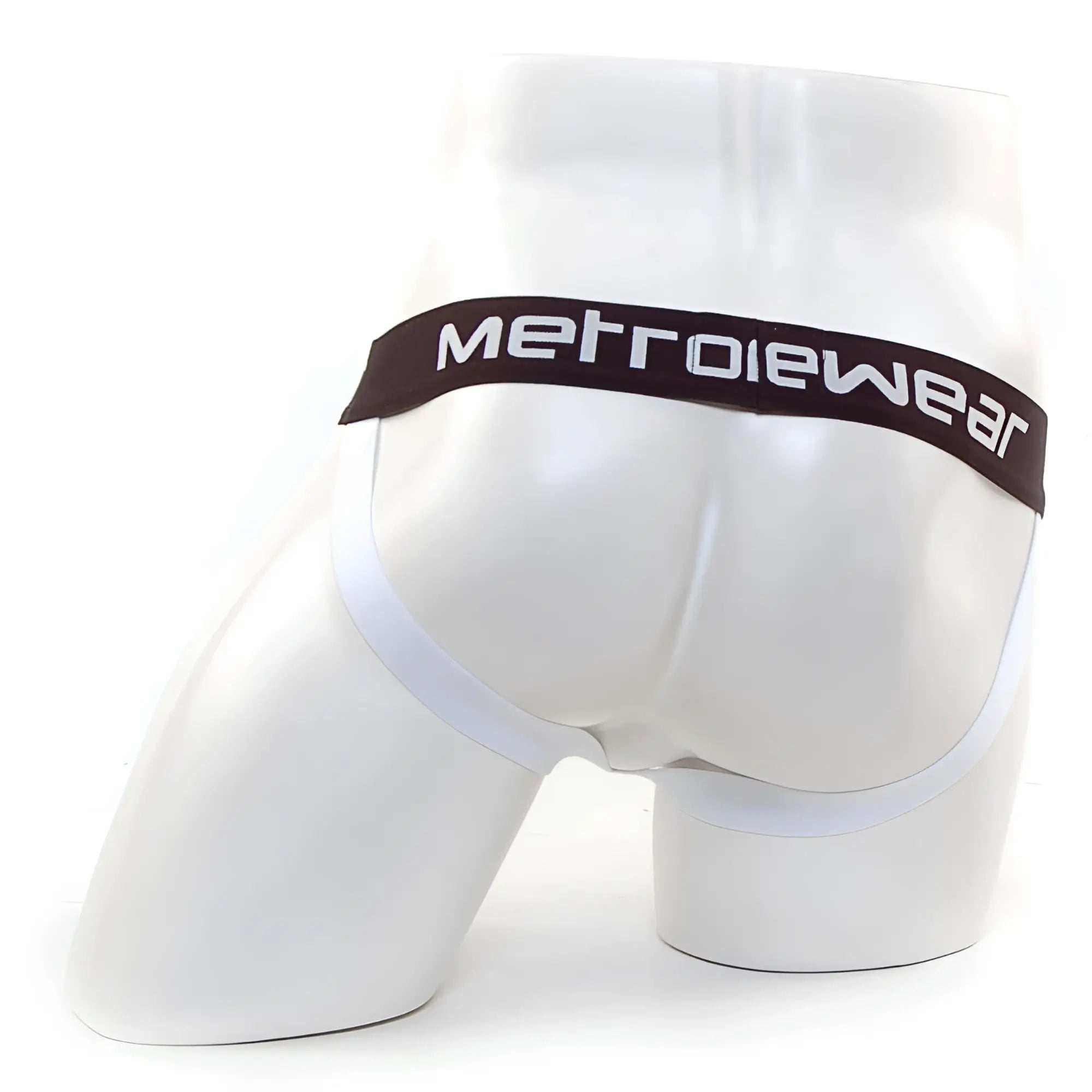 White men’s briefs with dark brown waistband metrowear logo in white for metro male wear mesh camo jock strap orange 3001 03