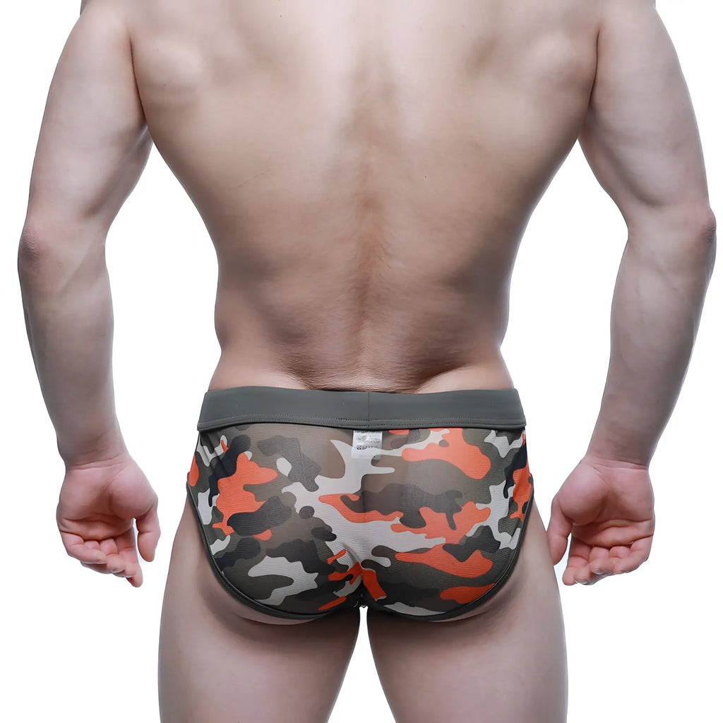 MetroMaleWear mesh camouflage brief green 5203-91 in orange gray white with olive green waistband front view