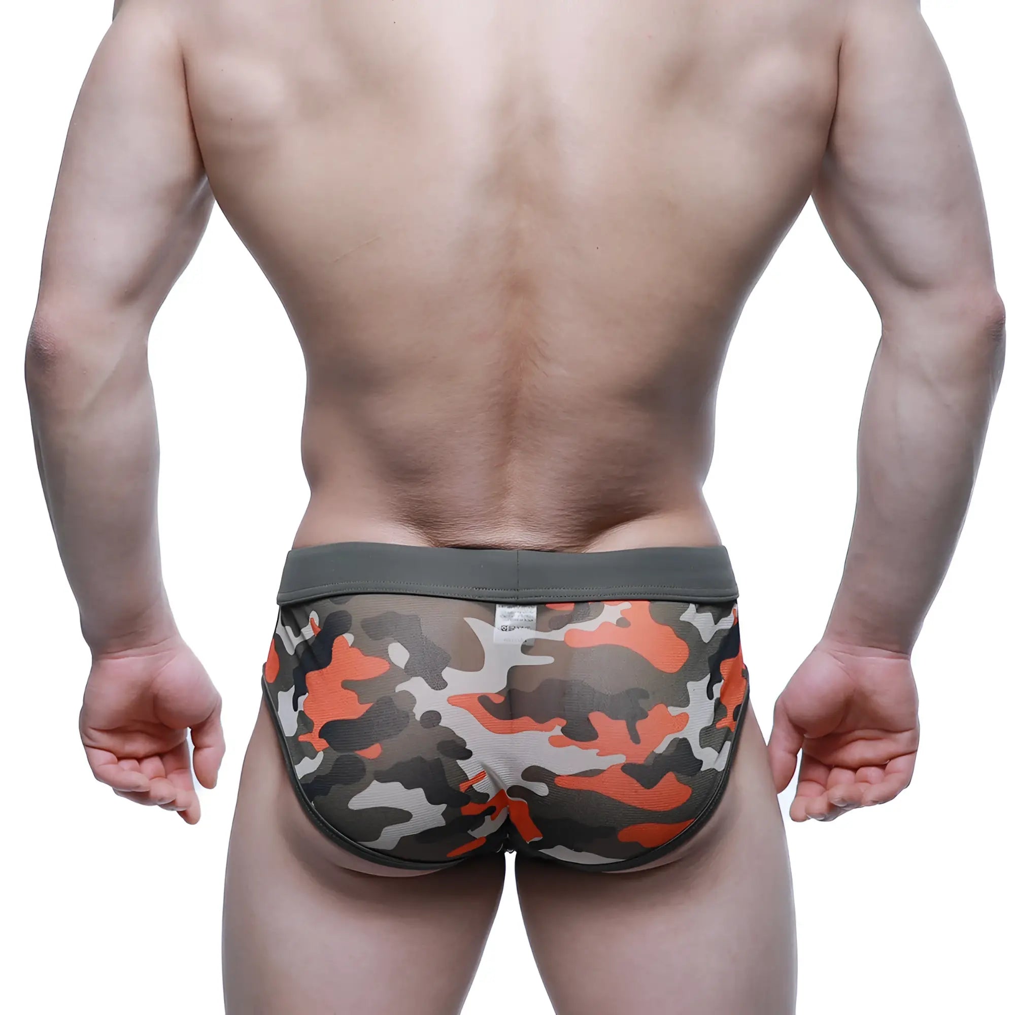 MetroMaleWear mesh camouflage brief green 5203-91 in orange gray white with olive green waistband front view