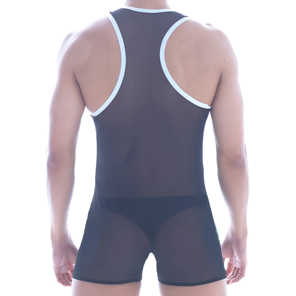 Black sheer mesh wrestling singlet with white trim on shoulder straps and waistband metro male wear 2109-20
