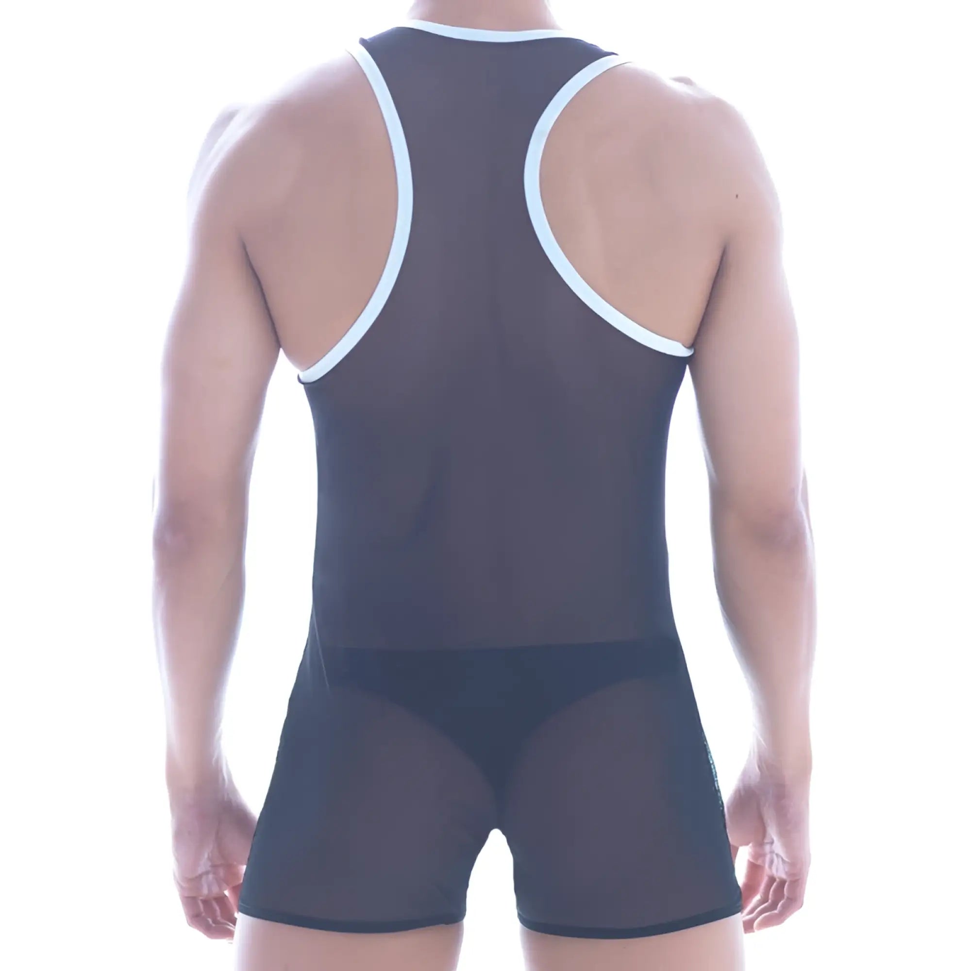 Black sheer mesh wrestling singlet with white trim on shoulder straps and waistband metro male wear 2109-20