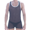 Black sheer mesh tank top with white trim around neckline and armholes from metro male wear mesh contrast series