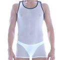 Transparent white mesh tank top with black trim along neckline and armholes metroMalewear mesh contrast wrestler white 2109-00