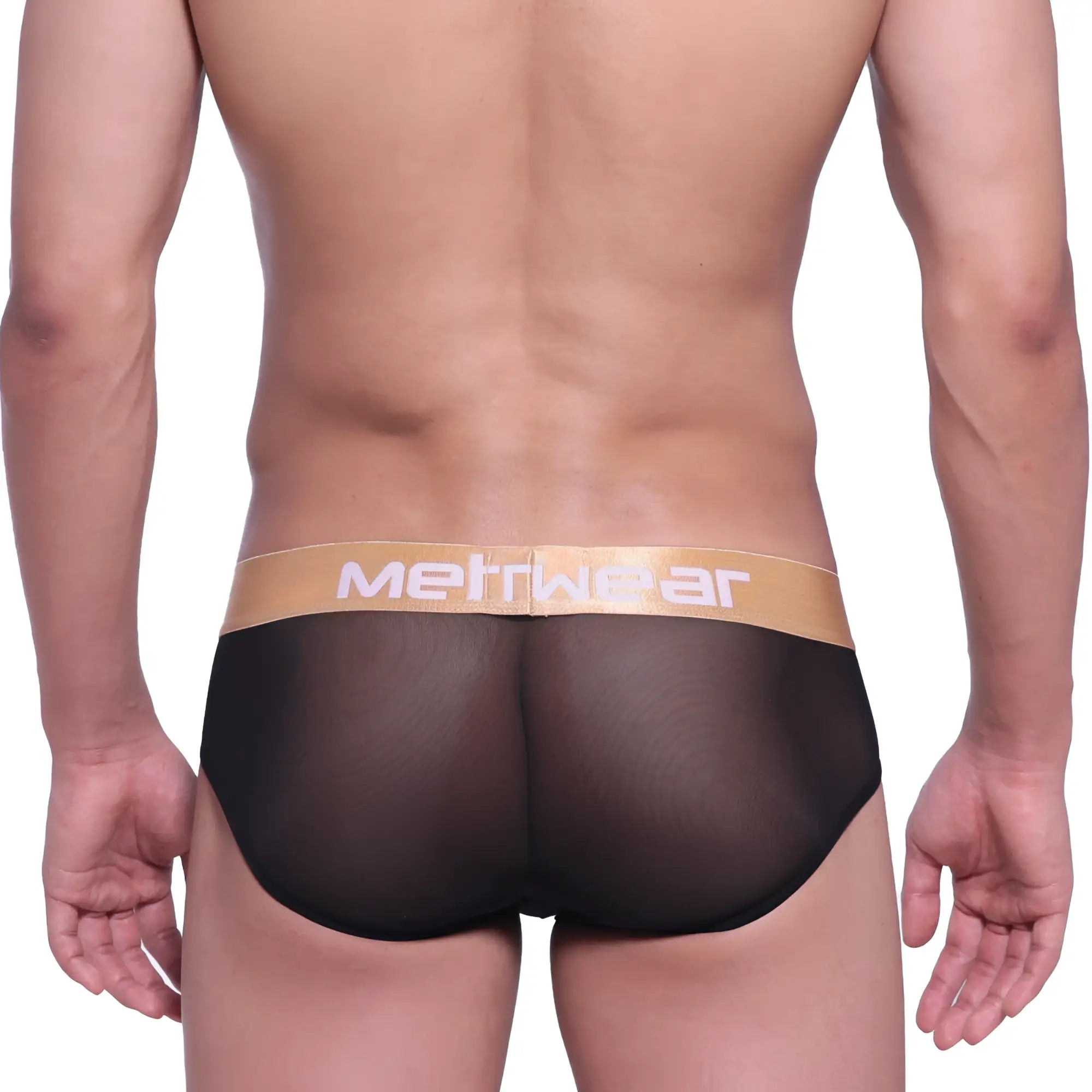 MetroMaleWear mesh hip brief black gold label with sheer black mesh and tan waistband featuring metwear logo