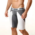 Gray and white mesh athletic shorts with textured fabric and branded waistband metro male wear 15 inch long short