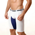 White and navy blue metro male wear mesh long short athletic briefs with textured fabric and black logo band