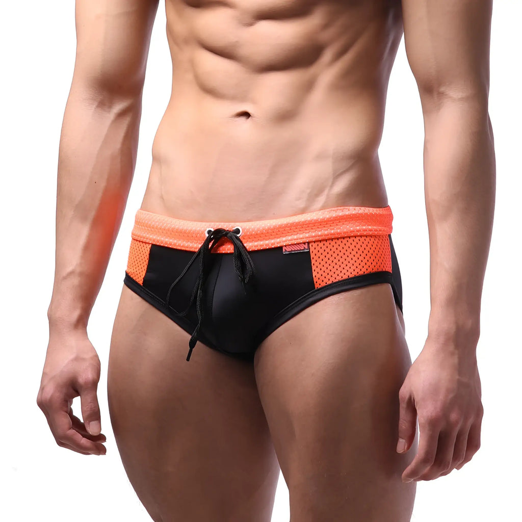 Metro malewear mesh swim brief neon orange 4924-14 black and orange mesh swim trunks with drawstring waistband