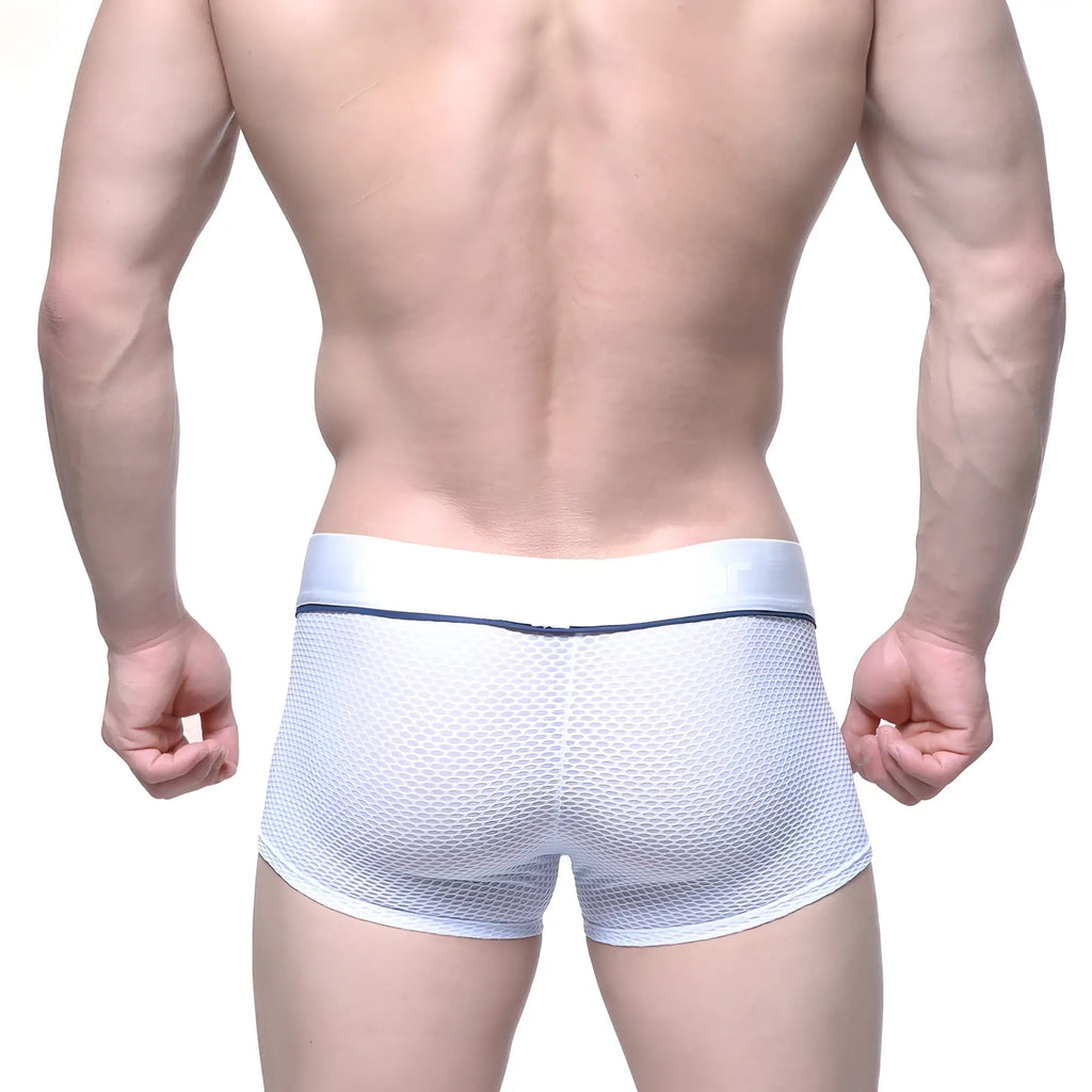 White mesh briefs metro malewear meta trunk white 2026-76 with solid white waistband and thin navy blue trim