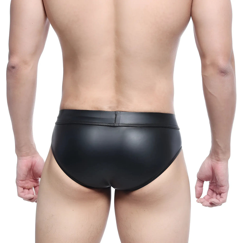 Black glossy faux leather swim trunks metroMalewear metal hip brief 5503-20 with sleek form-fitting design