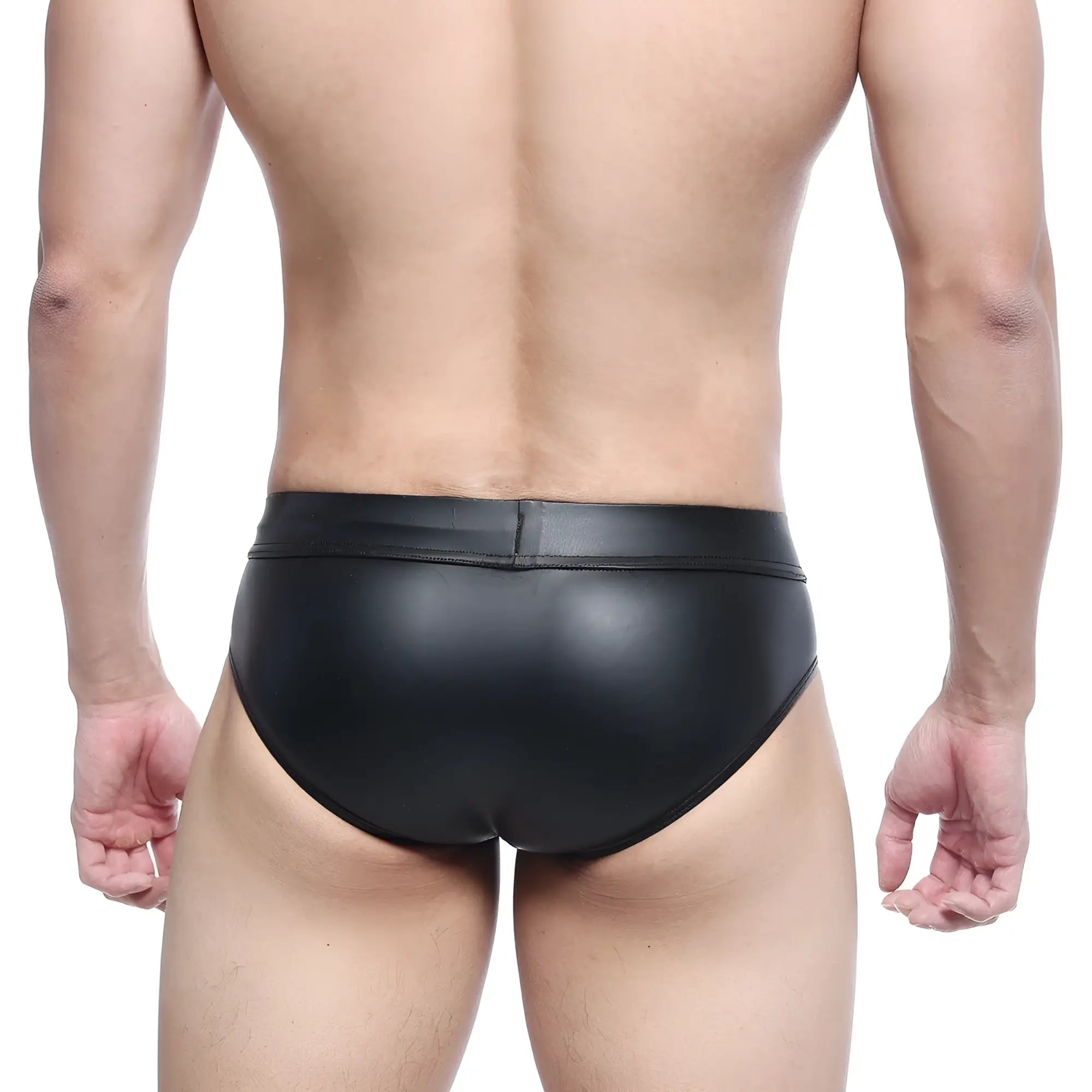 Black glossy faux leather swim trunks metroMalewear metal hip brief 5503-20 with sleek form-fitting design