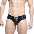 Black shiny faux leather briefs with a white rectangular metromalewear label metro malewear metal hip brief black 5503-20
