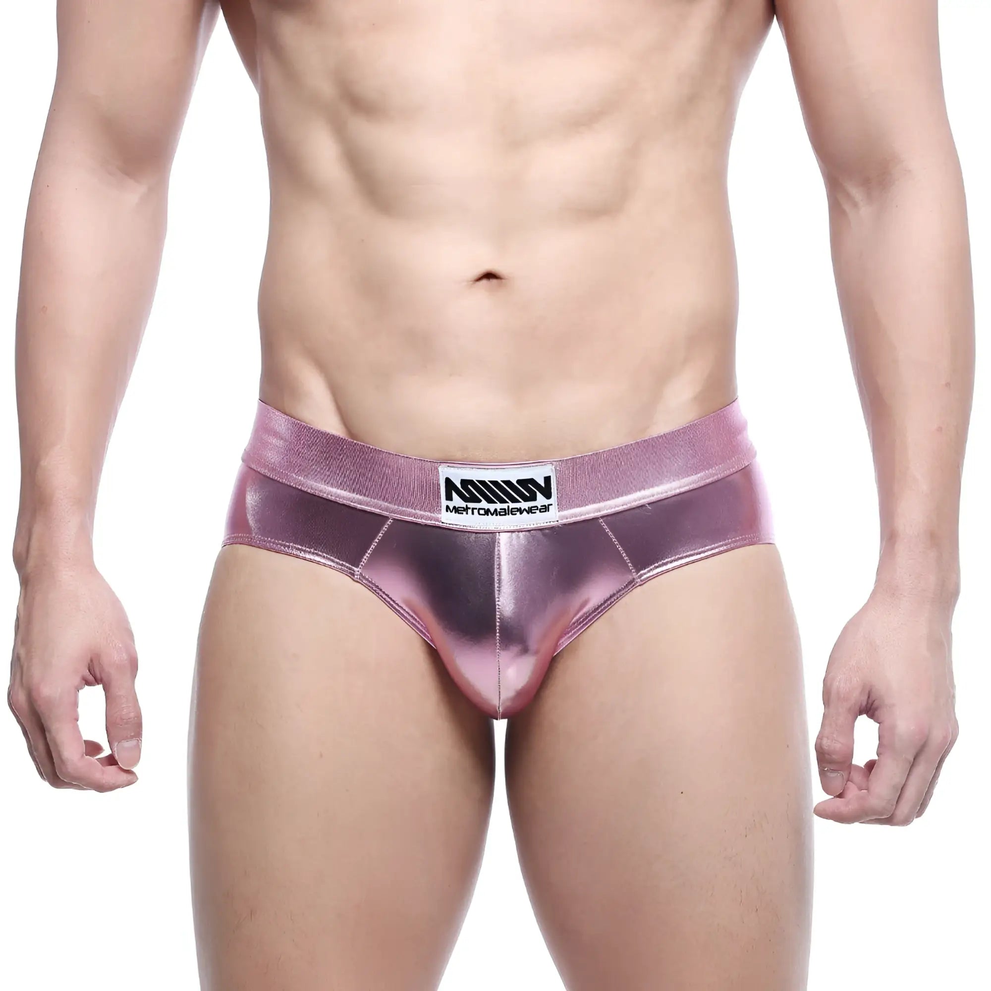 Shiny metallic pink briefs with a branded waistband from MetroMaleWear metal hip brief pink 5503-02 collection