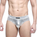 Silver metallic metal hip briefs with subtle sheen and metromalewear branded waistband model 5503-01