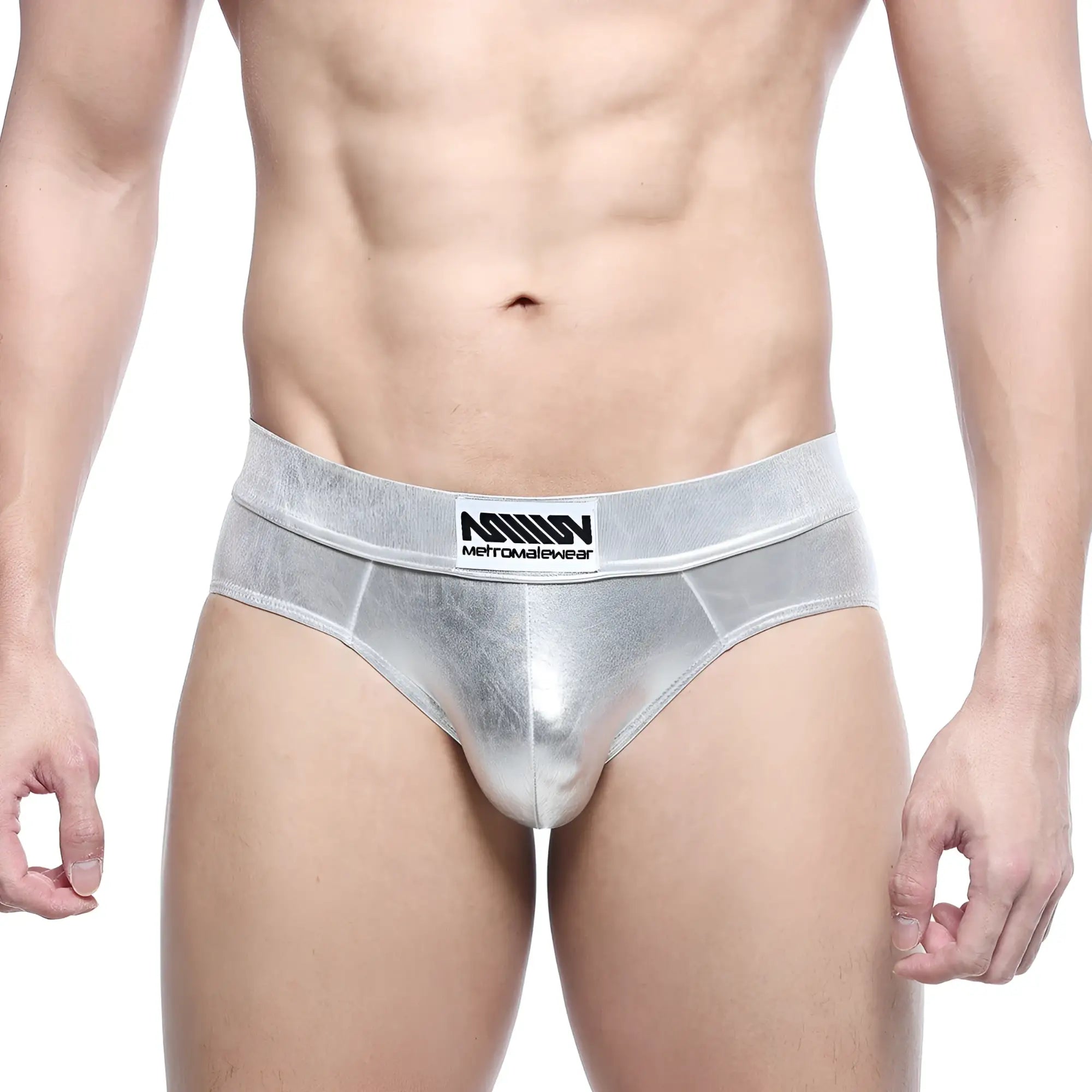 Silver metallic metal hip briefs with subtle sheen and metromalewear branded waistband model 5503-01
