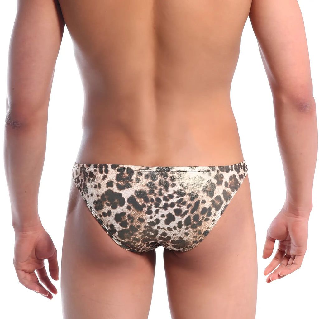 Metallic gold leopard print swim trunks by metromalewear with shiny finish perfect for bold beachwear