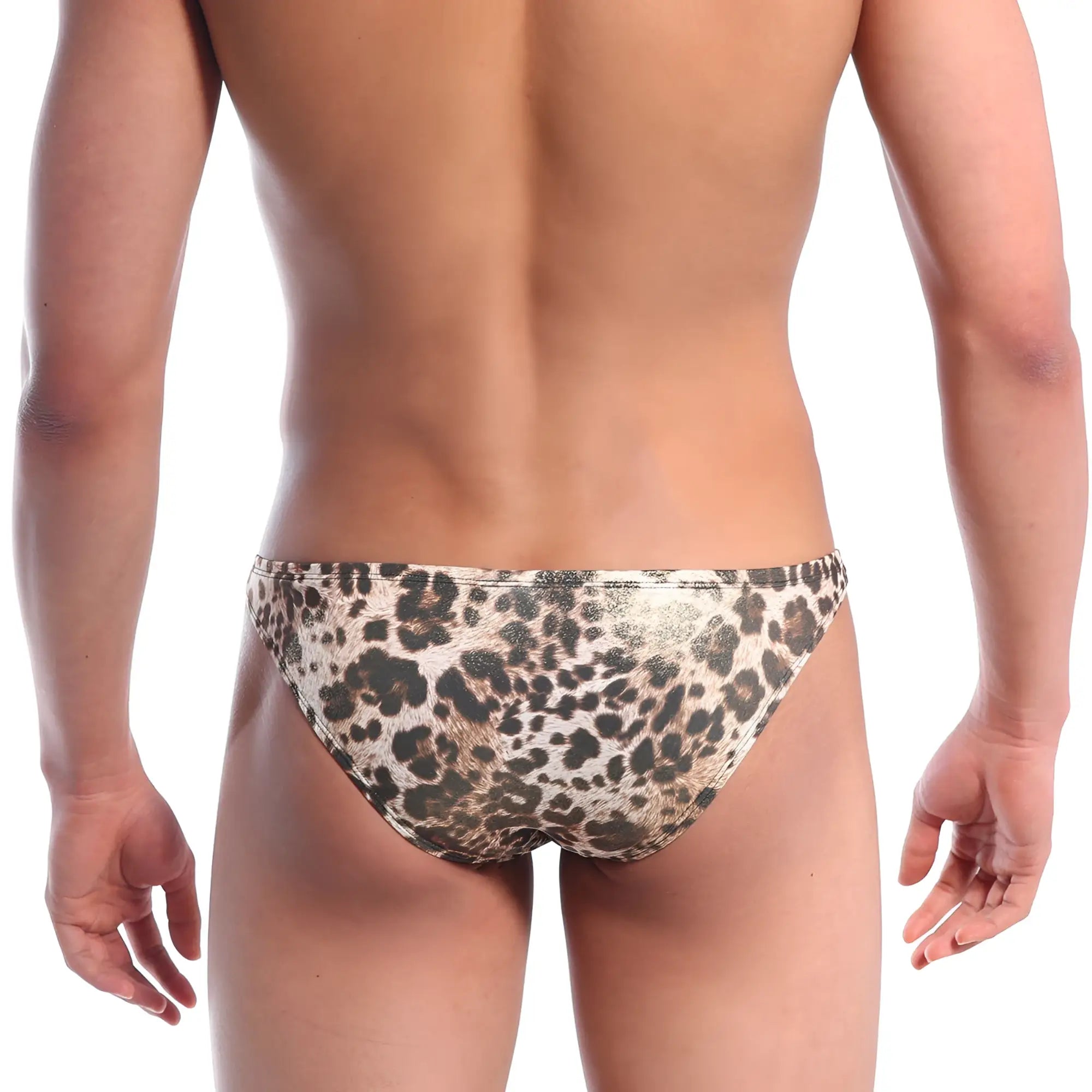 Metallic gold leopard print swim trunks by metromalewear with shiny finish perfect for bold beachwear
