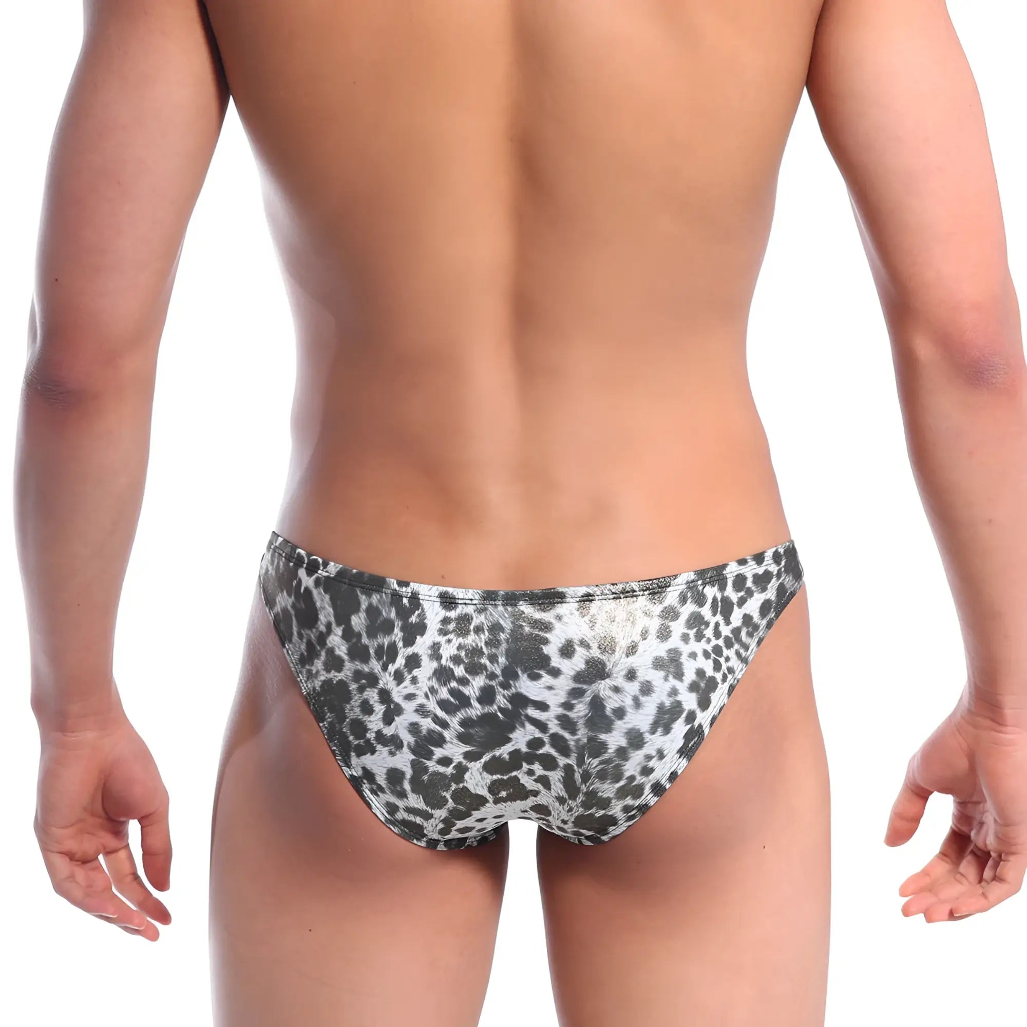 Black and white leopard-print metallic swim trunks from metromalewear suitable for beach or pool use