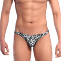 Black and white leopard-print mens thong with red MetroMaleWear brand tag in metallic silver bikini style 6003-61