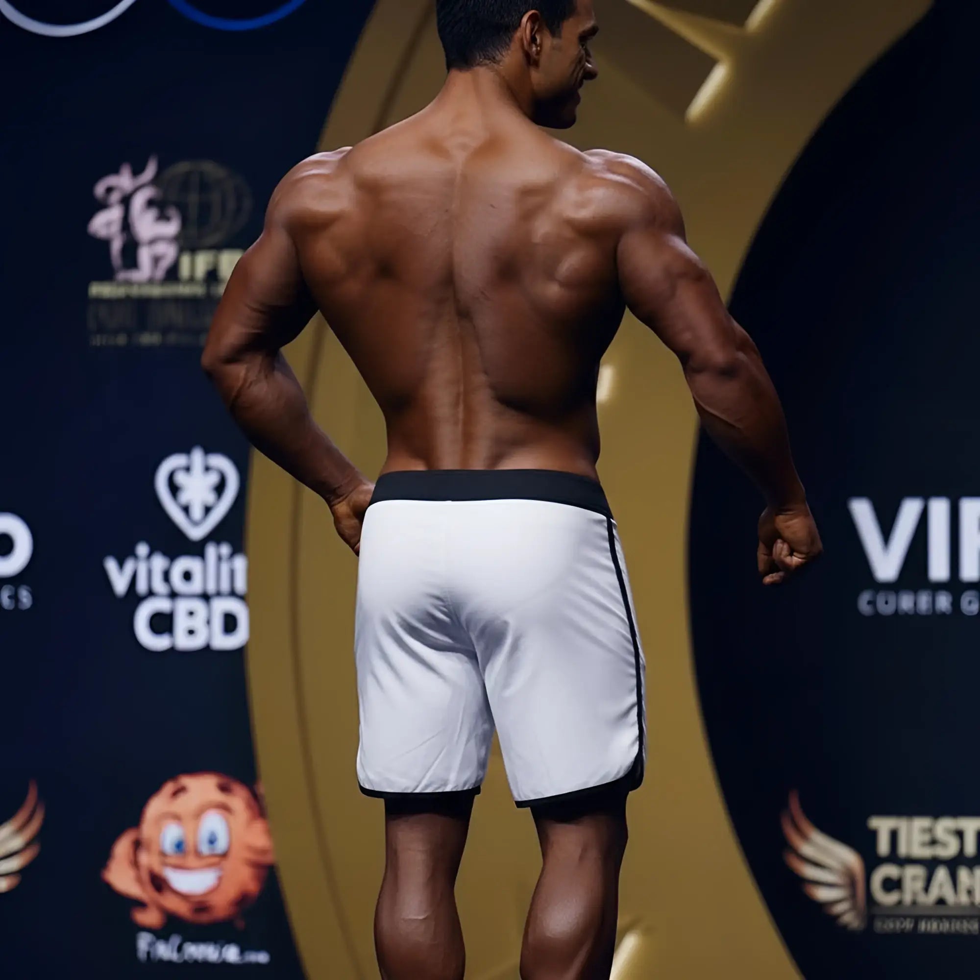 A muscular man wears white MetroMuscleWear Avalanche physique board shorts with black trim and waistband on stage